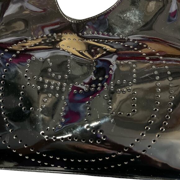 Vtg Tory Burch Perforated Logo Patent Tote Bag Purse Black Career Work Carry All - Picture 2 of 13